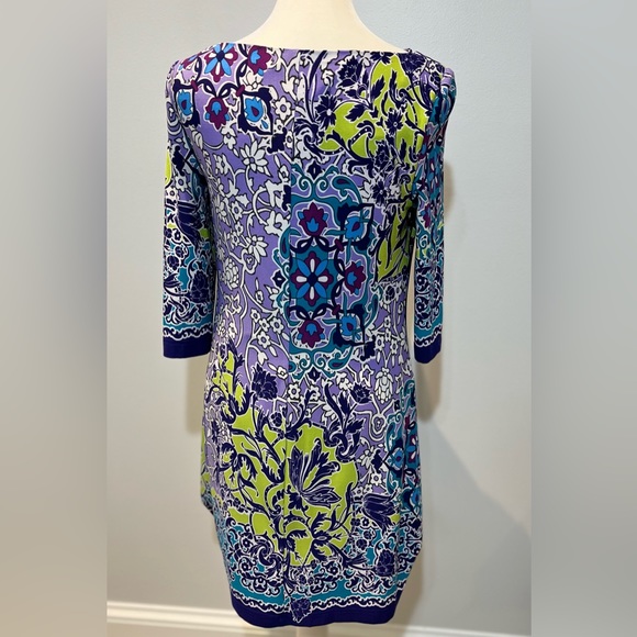 Adrianna Papell Paisley 3/4 Sleeve Cowl Neck Purple Green Shift Dress Size 2P - Picture 4 of 7